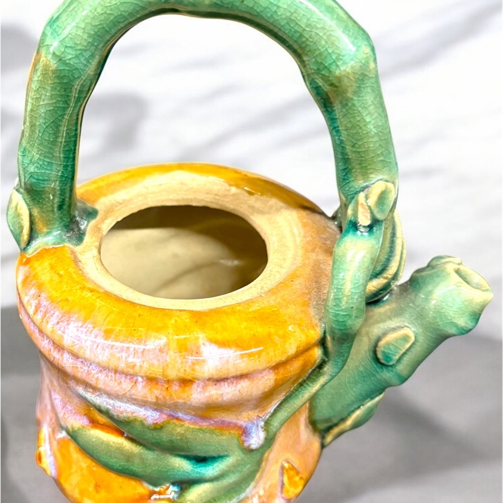 Handcrafted Ceramic Bamboo Design Teapot with Green and Orange Glaze